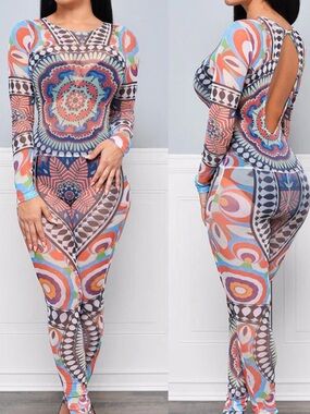 Topia Multicolor Aztec Mesh Backless Jumpsuit